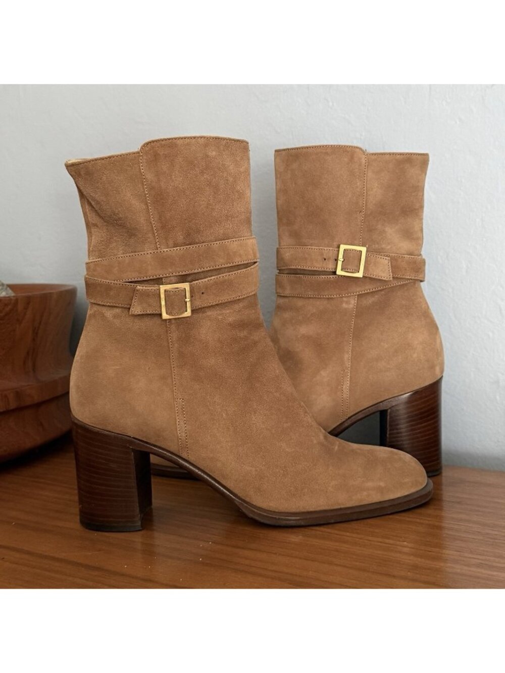 Bally Levizza Suede Ankle Heel Boot Buckle Straps Women Tan